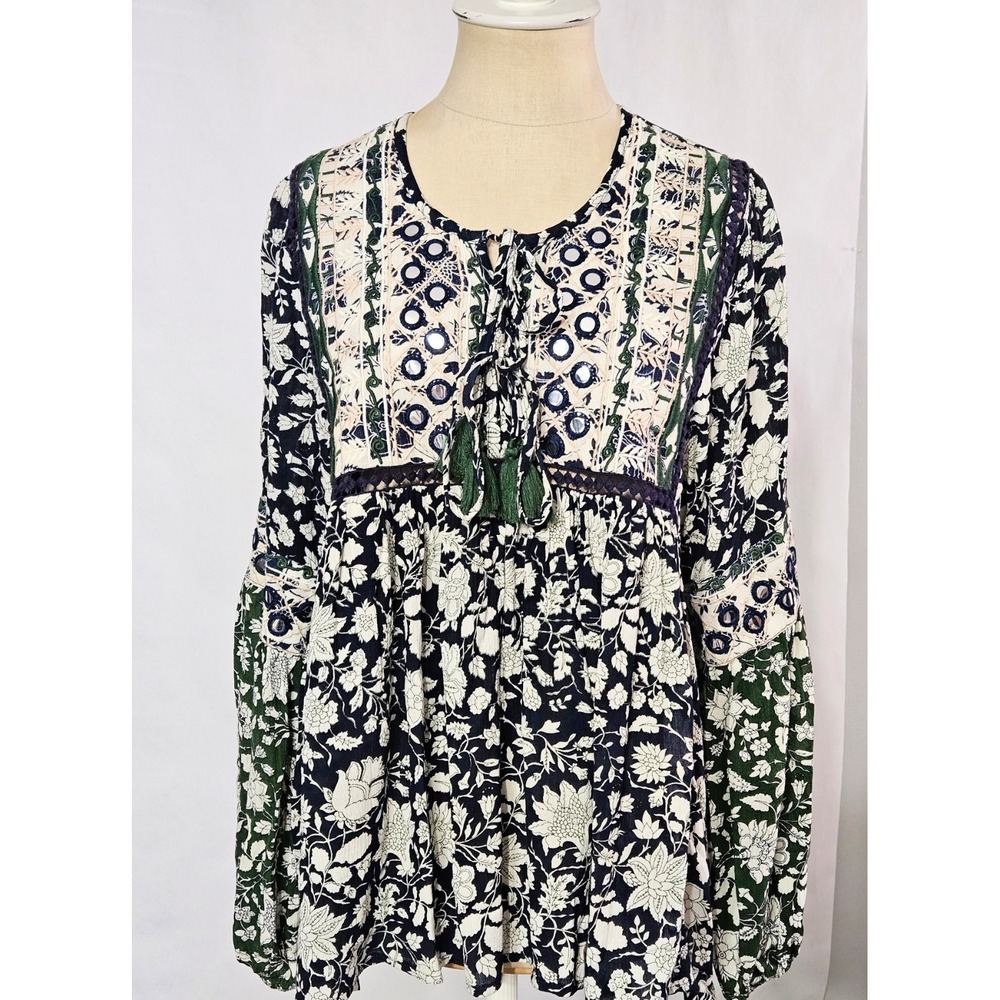 Miss June Paris Blue Navy Floral Embroidered Long-sleeve Blouse Free Size